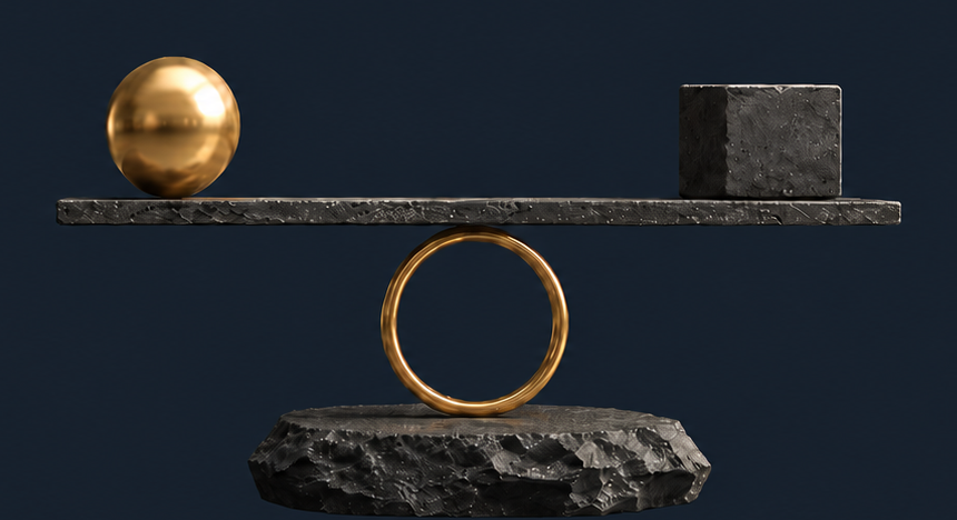 A gold sphere, ring, and stone balance scale, representing accuracy and alignment.